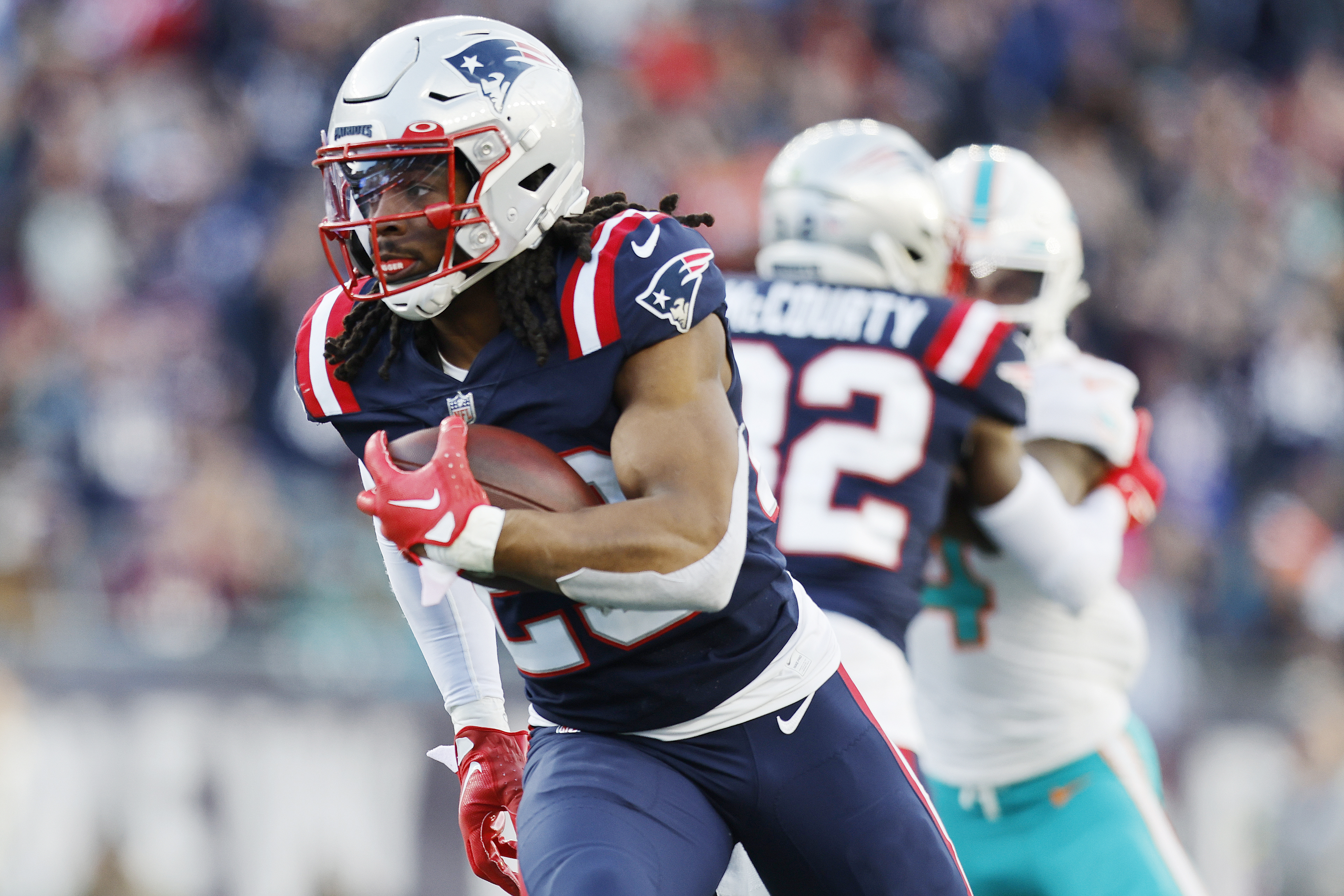 New England Patriots safety Devin McCourty (32) takes the field to