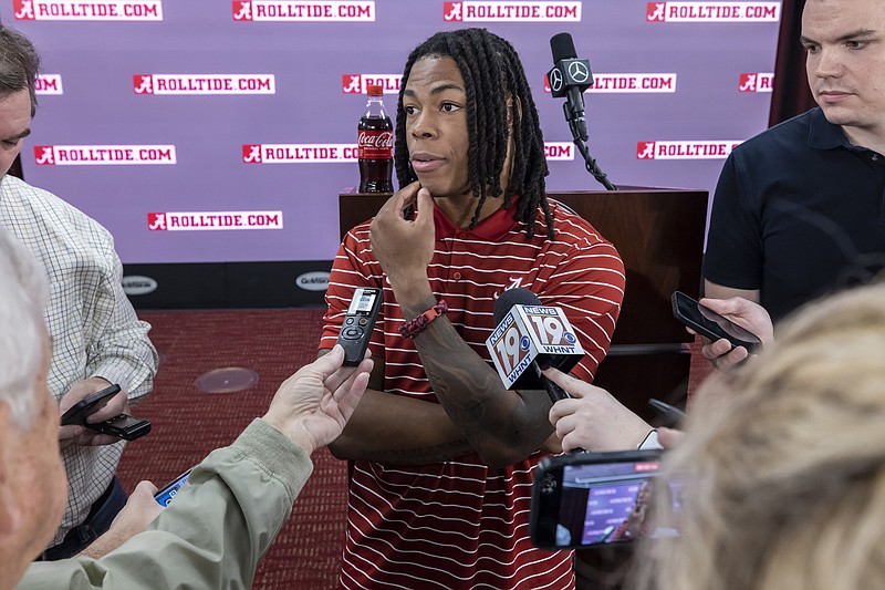 Alabama NCAA college football running back Jahmyr Gibbs talks with the media after declaring for the NFL draft, Monday, Jan. 2, 2023, in Tuscaloosa, Ala. (AP Photo/Vasha Hunt)