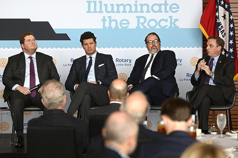 (From left) Lobbyists Jon Gilmore and Blake Eddins sit on stage alongside Sarah Huckabee Sanders campaign manager Chris Caldwell and Incoming House Speaker Matthew Shepherd during a meeting of the Rotary Club at the Clinton Library on Tuesday, Jan. 3, 2023.

(Arkansas Democrat-Gazette/Stephen Swofford)