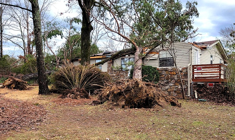 The Sentinel-Record/Lance Brownfield /caption: Several trees lay on a house at 8018 Highway 7 north in Jessieville.