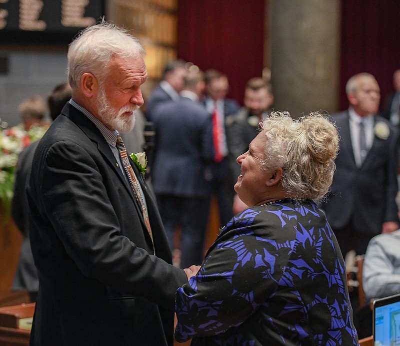 Julie Smith/News Tribune photo:
Before the start of opening session Wednesday, Jan. 4, 2023, legislators greeted each other as Rep. Jim Schulte and Renee Reuter, both freshman representatives in the Missouri House, are shown doing here. Schulte represents the 49th District in Callaway County while Reuter represents the 112th District which takes in Jefferson County.