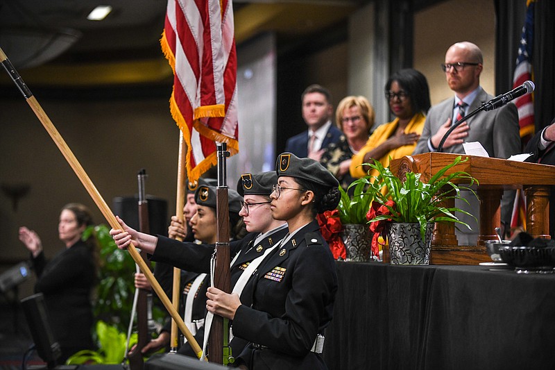 Juile Smith/News Tribune
Members of the Smith-Cotton ROTC provided the color guard at Thursday's annual Governor's Prayer Breakfast at Capitol Plaza Hotel.