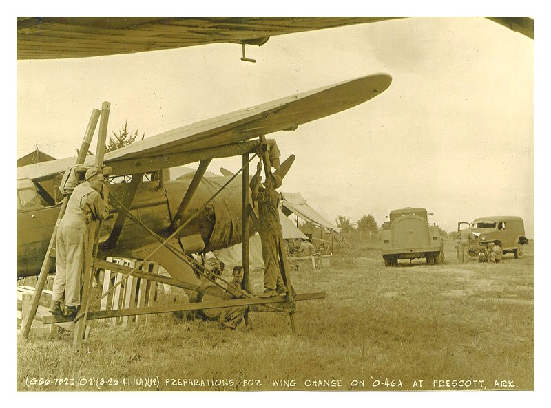 Prescott, circa 1945: The Nevada County seat’s “airport” was a grass field where repairs were underway.