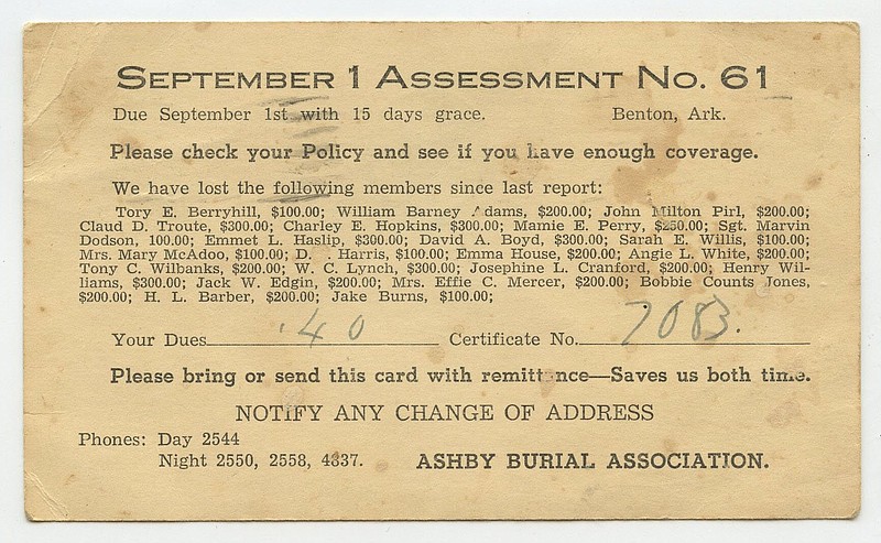 Bauxite, 1951: Mrs. Mattie Whitfield received this card from the Ashby Burial Association, reminding her she owed 40 cents on her burial insurance.