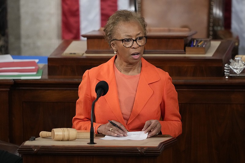 Clerk of the House of the Representatives Cheryl Johnson speaks to members in the House chamber as the House meets for the third day to elect a speaker and convene the 118th Congress in Washington, Thursday, Jan. 5, 2023. (AP Photo/Andrew Harnik)