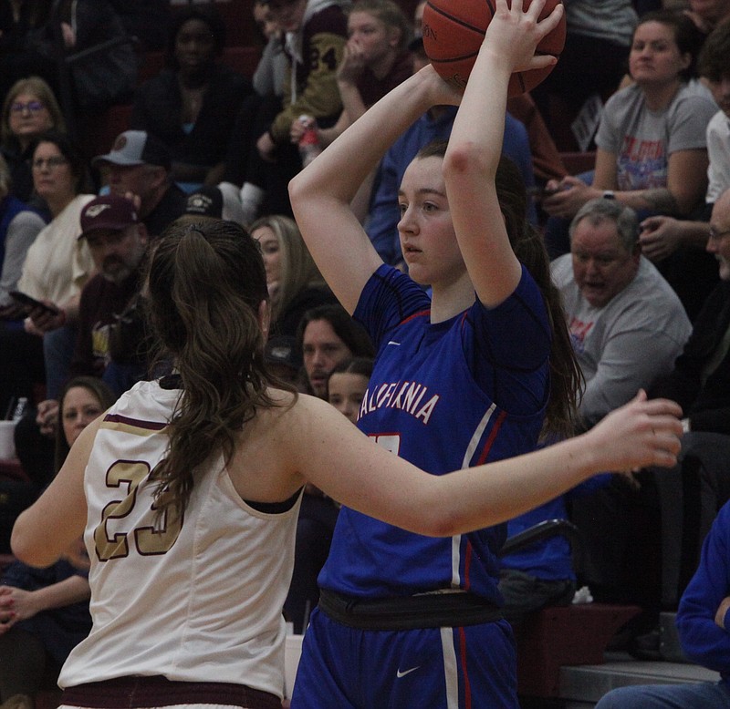 Senior Lauren Friedrich led California led the Lady Pintos with 20 points, eight rebounds, and a block off the bench. Friedrich committed to Stephens College on Jan. 1. (Democrat photo/Evan Holmes)
