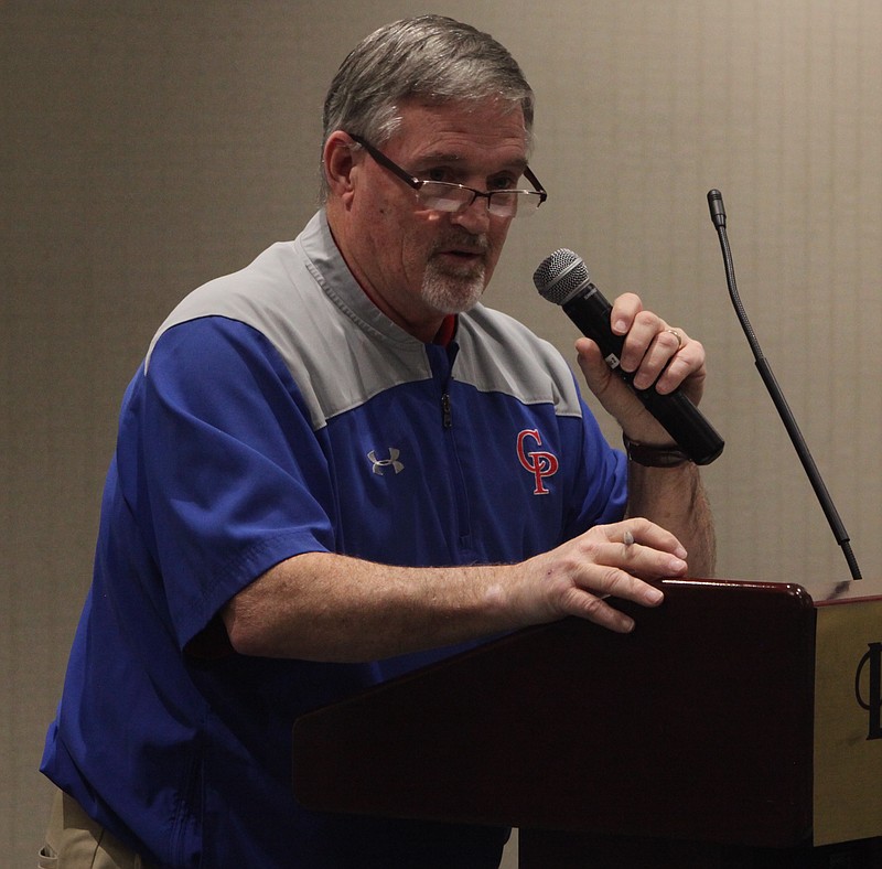 After being introduced by his son Nate, Coach Stock provides a humbling speech to the audience at the Hall of Fame Luncheon on Saturday. (Democrat photo/Evan Holmes)