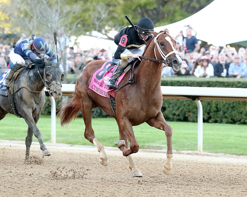 Cyberknife, under Florent Geroux, wins the Arkansas Derby on April 2, 2022, at Oaklawn. - Photo courtesy of Coady Photography