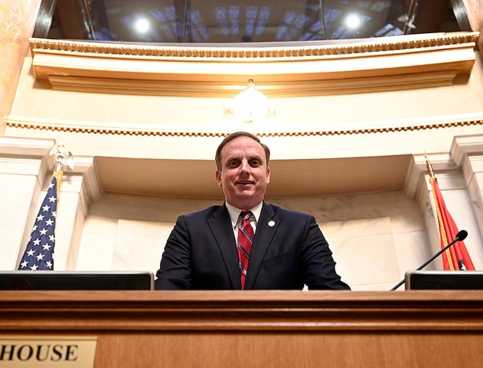 Speaker of the House Matthew Shepherd poses for photos near his desk in the house chambers at the state capitol on Thursday, Jan. 5, 2023.

(Arkansas Democrat-Gazette/Stephen Swofford)