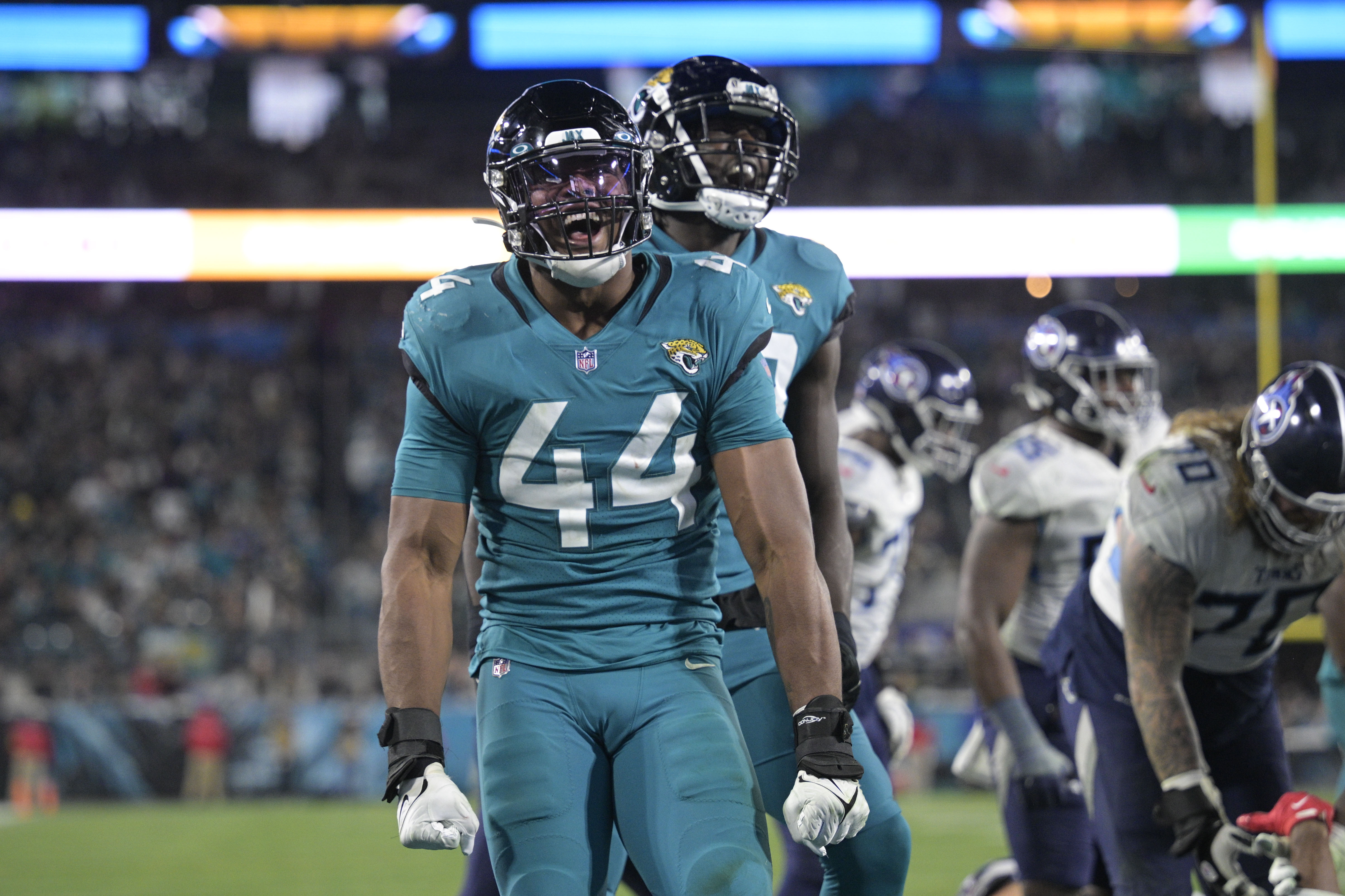 January 7, 2023: Tennessee Titans quarterback Joshua Dobbs (11) is sacked  by Jacksonville Jaguars defensive end Roy Robertson-Harris (95) during a  game in Jacksonville, FL. Romeo T Guzman/CSM/Sipa USA.(Credit Image: © Romeo