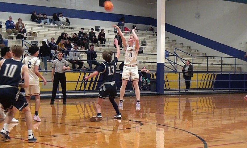 Westside Eagle Observer/DANIEL BEREZNICKI
 Deegan Brooks taking a shot in the third quarter. He was clearly the MVP for the game for leading his team to surpass the Barnstormers, by racking up eight points in third quarter. His overall game points equaled 14, which put him in first place.