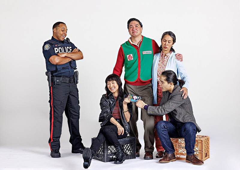 Brandon Jones plays Alex, with (from left) Natalie Kim as Janet, Greg Watanabe as Appa, Karen Tsen Lee as Umma and Eston Fung as Jung in “Kim’s Convenience” at TheatreSquared in Fayetteville. (Special to the Democrat-Gazette/Wesley Hitt)