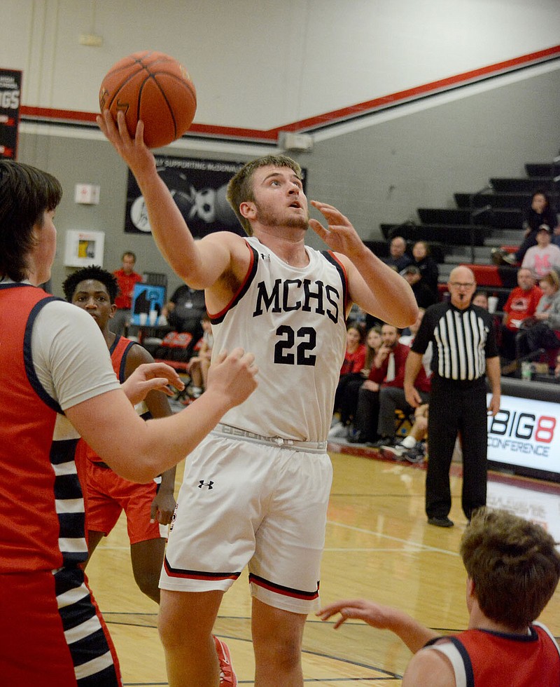 BENNETT HORNE/MCDONALD COUNTY PRESS
Weston Gordon puts up a shot against Providence Academy in his team's 81-58 victory at Mustang Arena Tuesday night.