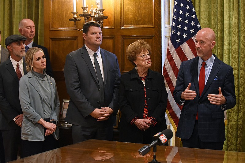 Secretary of the Department of Education Jacob Oliva (right) speaks after Gov. Sarah Huckabee Sanders signed a new executive order Wednesday, Jan. 11, 2023 at the state Capitol.
(Arkansas Democrat-Gazette/Staci Vandagriff)