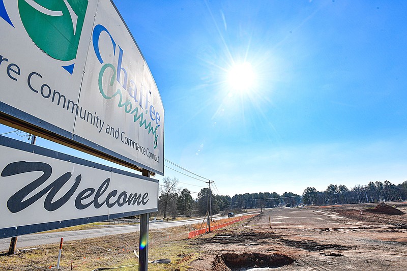A welcome sign displays, Friday, Jan. 13, 2023, near the construction site of a new 180-unit apartment complex at 1800 Frontier Road in Barling. The development will be named The Prairie at Chaffee Crossing, a groundbreaking for which was held Tuesday. Visit nwaonline.com/photo for today's photo gallery.
(NWA Democrat-Gazette/Hank Layton)