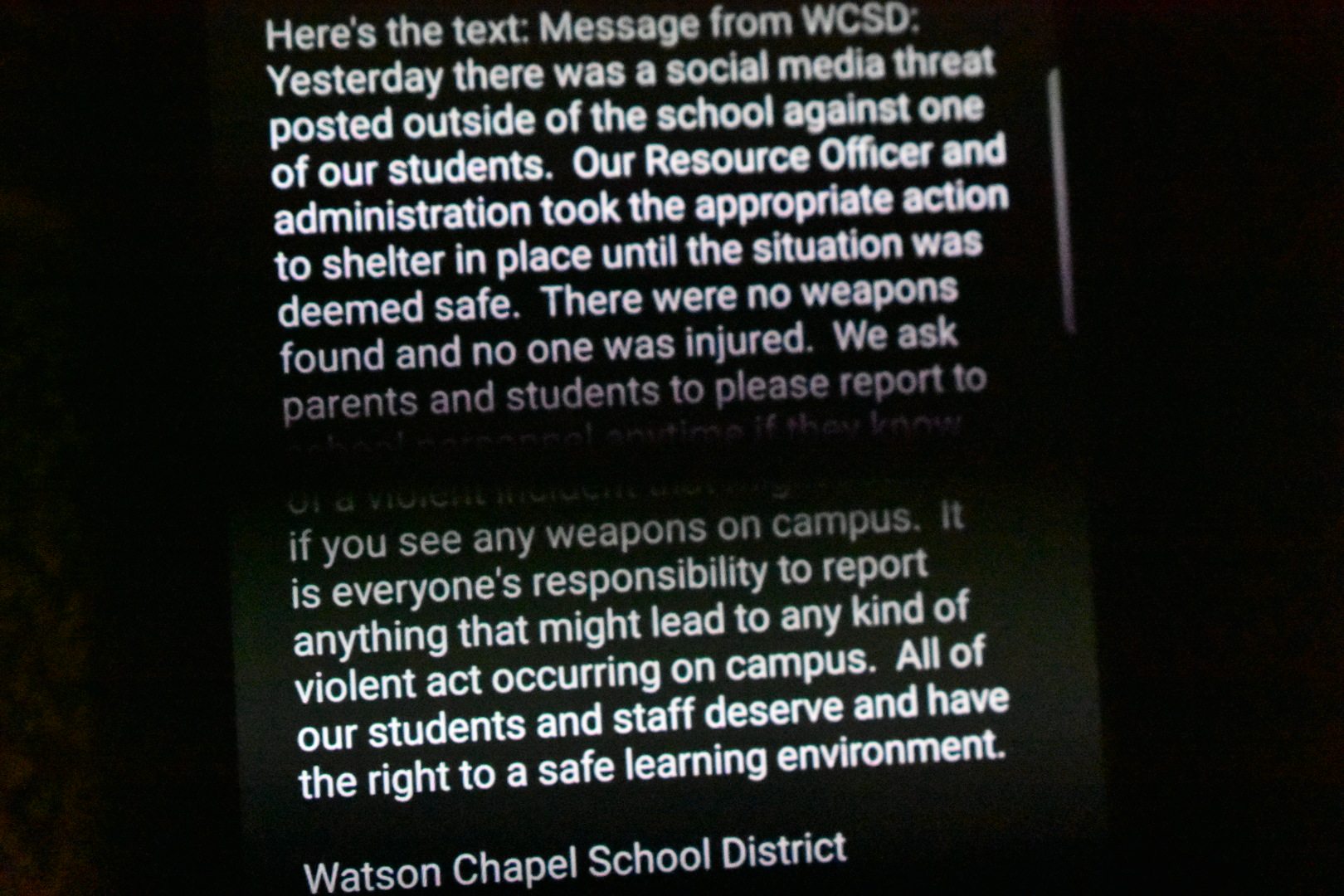 WCSD leader addresses late text after threat post