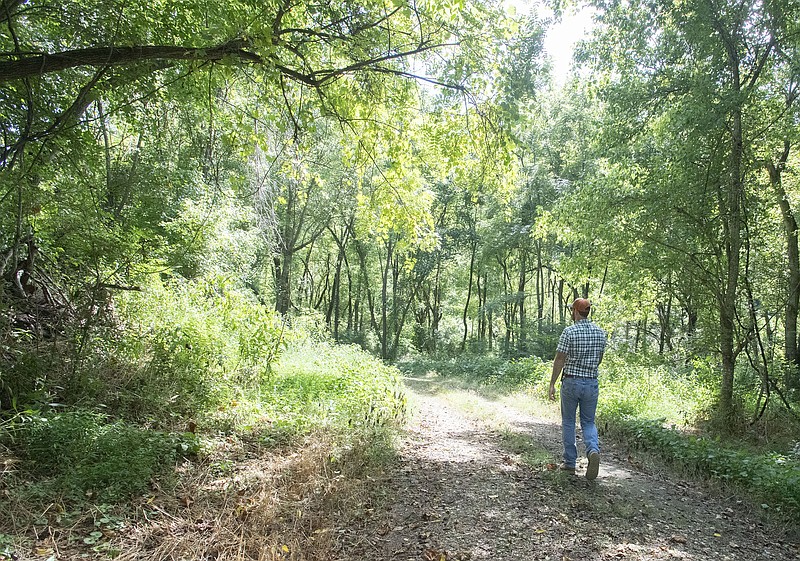 Travis Chaney, restoration specialist with the Illinois River Watershed Partnership, walks Monday Aug. 23, 2021 near stream banks at the Johnson Sewer Lift Station. (NWA Democrat-Gazette/J.T. Wampler)