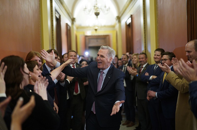 Rep. Kevin McCarthy (R-Calif.) celebrates after he was elected House speaker early on Jan. 7, 2023, at the U.S. Capitol in Washington, D.C. MUST CREDIT: Washington Post photo by Jabin Botsford
