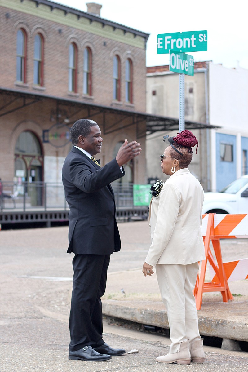 Barbara Pitts Riley, executive director of Bridging the Gaps of Arkansas, discusses the MLK Day Parade route with her husband, Johnny Riley Jr., on Sunday afternoon, Jan. 16, 2023, in Texarkana, Ark. The parade starts at 11:30 a.m. and will proceed along sections of Front and Olive streets. Bridging the Gaps is sponsoring the parade. (Staff photo by Stevon Gamble)