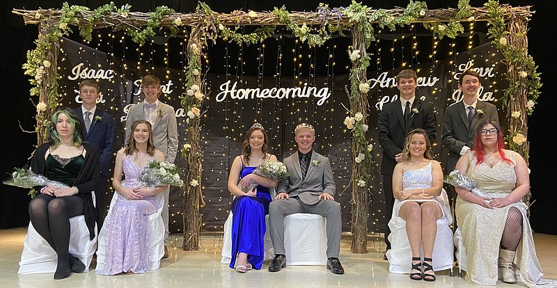 Submitted photo courtesy of St. Elizabeth High School: 
St. Elizabeth Homecoming Court, standing left to right: Trent Bax, runner-up Levi Holtmeyer, retiring King Jace Kesel, Andrew Lindenbusch; sitting left to right, Brienna Huber, runner-up Jada Dickneite, Queen Ella Lucas, King Isaac Green, retiring Queen Tasia Green and Chayla Huber.