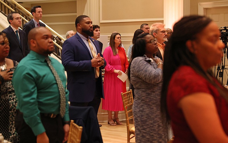 Gov. Sarah Huckabee Sanders, center, arrives to the annual Martin Luther King Jr. Interfaith Prayer Breakfast at the Governor's Mansion on Monday, Jan. 16, 2023. (Arkansas Democrat-Gazette/Colin Murphey)