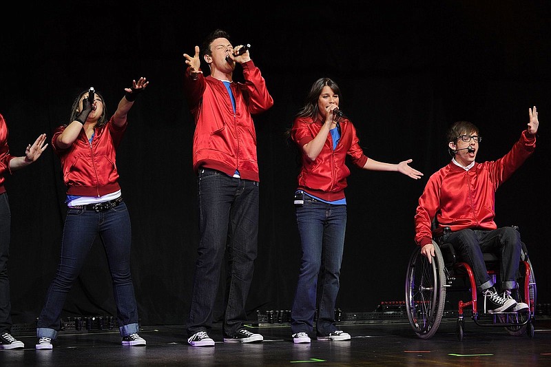 Jenna Ushkowitz, Cory Monteith, Lea Michele and Kevin McHale from the cast of “Glee” perform at Radio City Music Hall in 2010. A new documentary on ID and Discovery+ is titled “The Price of Glee.” (Getty Images/TNS/Jason Kempin)