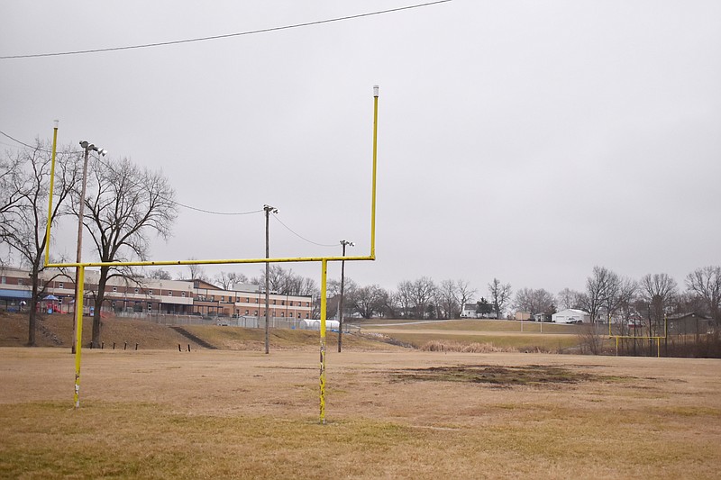 Democrat photo/Garrett Fuller — The former home of the California High School Pintos — Old Riley Field — may become a new practice field for a girls soccer program, if one is added. The field, seen Sunday (Jan. 22, 2023,), needs a lot of work to bring it up to par for use by athletes. For instance, the old end zone uprights pictured would need to be removed along with a light pole.