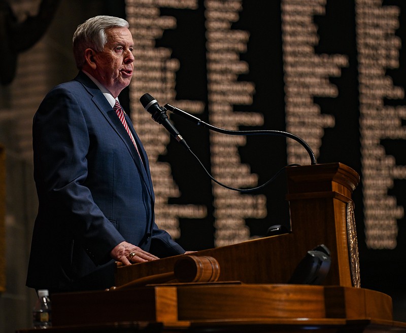 Julie Smith/News Tribune photo: 
Missouri Gov. Mike Parson is shown as he delivers the annual State of the State speech Wednesday, Jan. 18, 2023, in the House of Representatives Chamber. The speech was paused numerous times as members of the joint session of legislators stood to applaud.