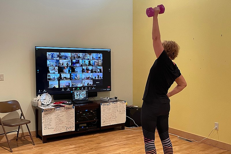From her home near Fergus Falls, Minnesota, retired dentist Dr. Yvonne Hanley teaches a virtual fitness class for older adults that meets three times a week. (Patrick Hanley/TNS)