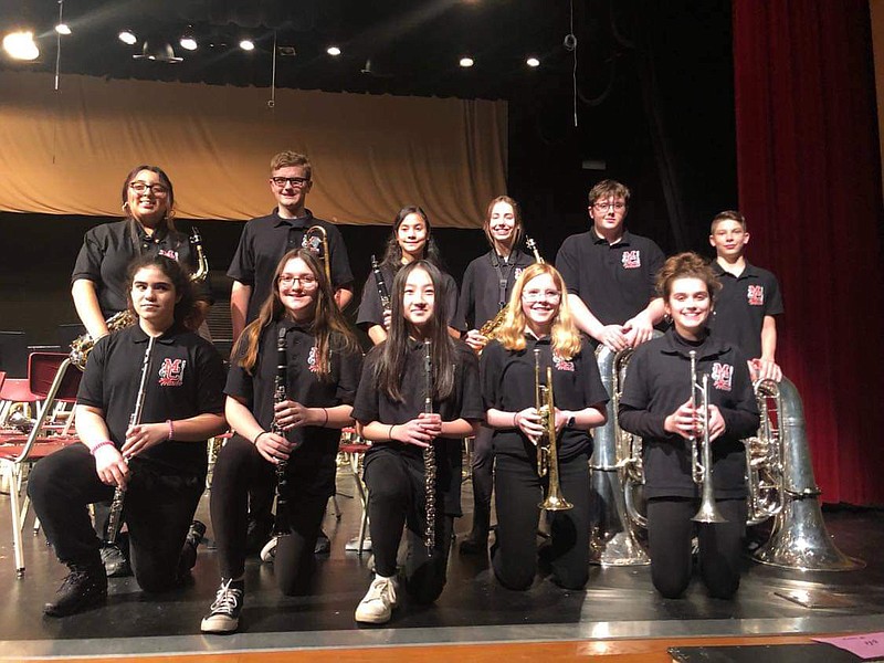 Submitted photo The Southwest Missouri Music Educators Association hosted the Junior High Honors Bands clinics and concerts at Webb City High School on Saturday, Jan. 14. Honors Band members from McDonald County Junior High are Mia Bermudez (front, left), Southwest City — flute, Kianna Hutson, Rocky Comfort — clarinet, Pang Zong Lee, Rocky Comfort — flute, Lauren Holz, Anderson — trumpet, Janie Schutten, Anderson — trumpet, Itzel Rascon (back, left), Southwest City — alto saxophone, Duncan Keith, Southwest City — trombone, Amanda Kelley, White Rock — clarinet, Leah Nix, White Rock — alto saxophone, James DeWitt, Rocky Comfort — tuba and Elias Wilkinson, Rocky Comfort — tuba.