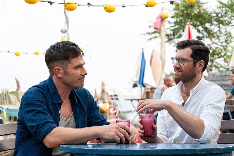 Luke Macfarlane (left) and Billy Eichner star in “Bros.” The gay rom-com is nominated for the GLAAD award for outstanding picture. (Universal Pictures/TNS/Nicole Rivelli)