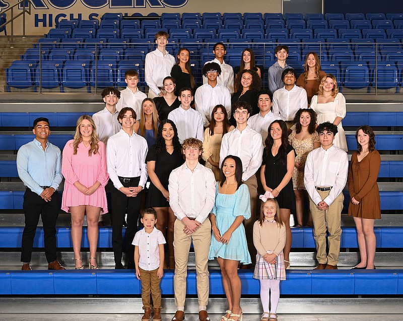 The 2023 Rogers High School Colors Day Coronation Ceremony will be at 1:30 p.m. Feb. 3 in Mountie Arena. A presentation of the court is at 5:15 p.m. before the Rogers versus Har-Ber basketball games at Mountie Arena. Pictured are (front row from left) ball bearer, Ayden Grant; King, Soren Hoyord; Queen, Alicia Covington; crown bearer, Grace Helen Davis; (second row from left) senior escort, Adrian Salazar; senior maid, Ella Beeman; senior escort, Nicholas Quinn; senior maid, Natalie Hernandez; senior escort, Nicolas Lamson; senior maid, Aubrey Treadwell; senior escort, Ivan Troncoso; senior maid, Erin MacLeod; (third row from left) junior escort, Amari Jones; junior maid, Callie Wooldridge; junior escort, Aidan Sebastian; junior maid, Ruby Hernandez Perez; junior escort, Brian Reyes; junior maid, Hillary Andrade; (fourth row from left) sophomore escort, Ethan Cavan; sophomore maid, Khyleigh Kelly; sophomore escort, Nathaniel Jones; sophomore maid, Talyn Jackson; sophomore escort, Cam Cunningham; sophomore maid, Hannah Hodnett; and (fifth row from left) freshman escort, Aidan Chronister; freshman maid, Zyah Walls; freshman escort, Carter Cox; freshman maid, Sabrina Zemlicka; freshman escort, Clancy Hardin; and freshman maid, Taylor Proctor. (Courtesy Photo)