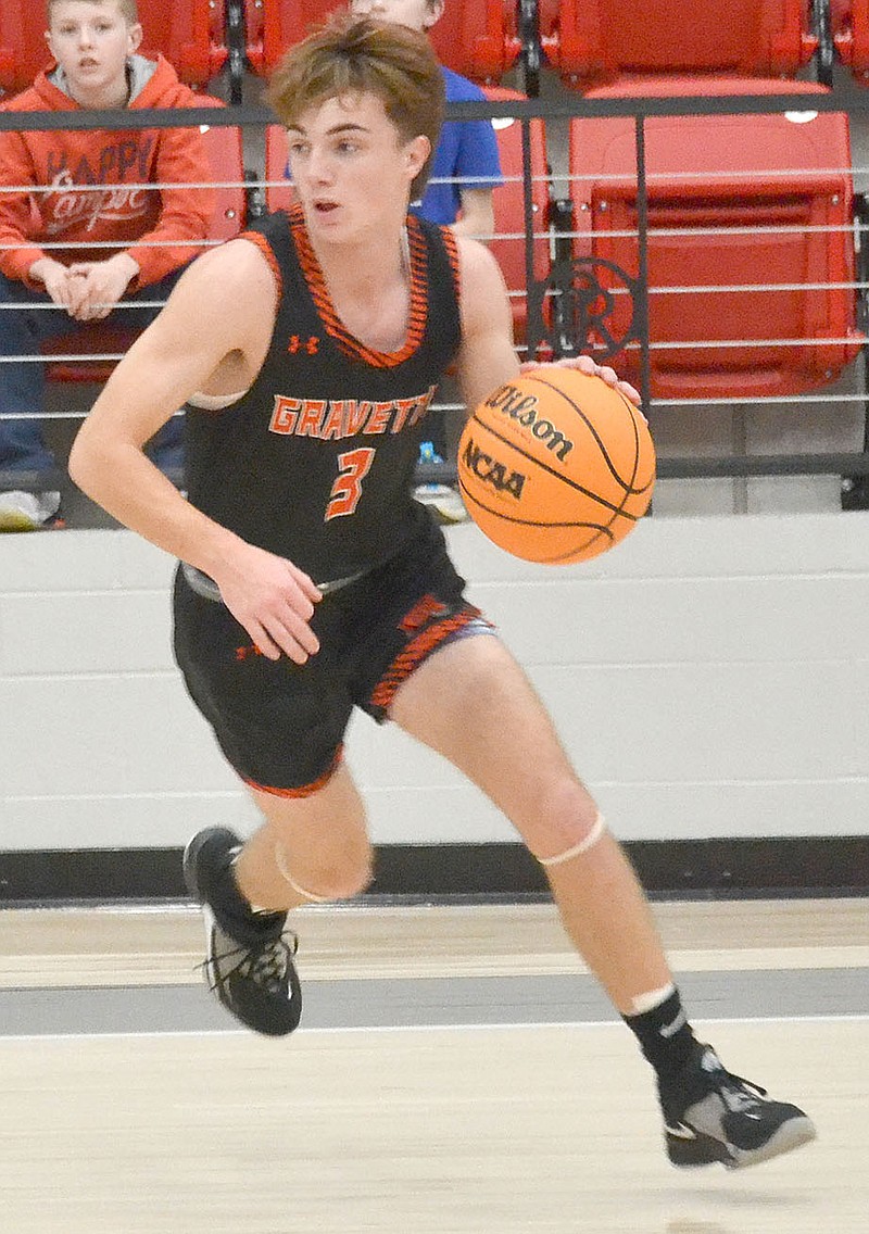 Westside Eagle Observer/Annette Beard
Gravette sophomore Eric Vogt dribbles the ball during play at Pea Ridge on Jan. 17. The Hawks beat the Lions 67 to 45.