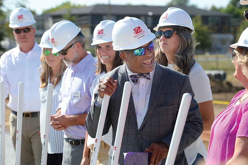 John L Colbert, superintendent of Fayetteville Public Schools, smiles Sept. 15, 2021, as he and members of the Fayetteville School Board break ground for a new middle school along Rupple Road during a ceremony in Fayetteville.
(File Photo/NWA Democrat-Gazette/Andy Shupe)