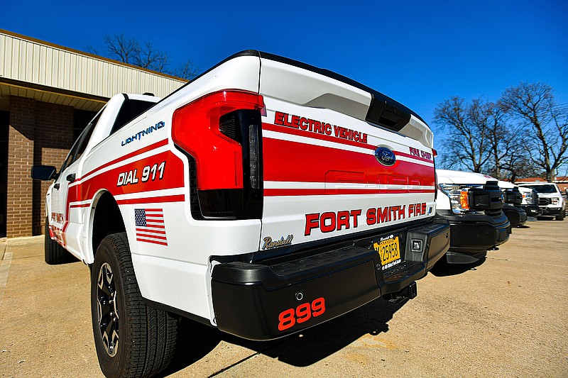 A newly purchased all-electric administrative personnel truck is seen, Friday, Jan. 20, 2023, at Station 1 of the Fort Smith Fire Department in downtown Fort Smith. Visit nwaonline.com/photo for today's photo gallery.
(NWA Democrat-Gazette/Hank Layton)