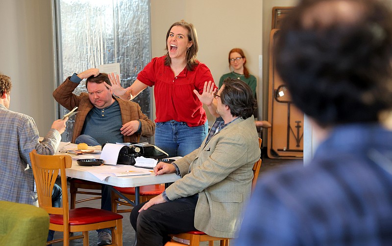 Lacy J. Dunn makes a point to her fellow comedy-show writers in a rehearsal for "Laughter on the 23rd Floor." (Special to the Democrat-Gazette/Stephen B. Thornton)