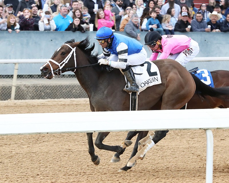 Hot and Sultry, under David Cabrera, wins the $150,000 American Beauty Sakes Saturday at Oaklawn. - Photo courtesy of Coady Photography