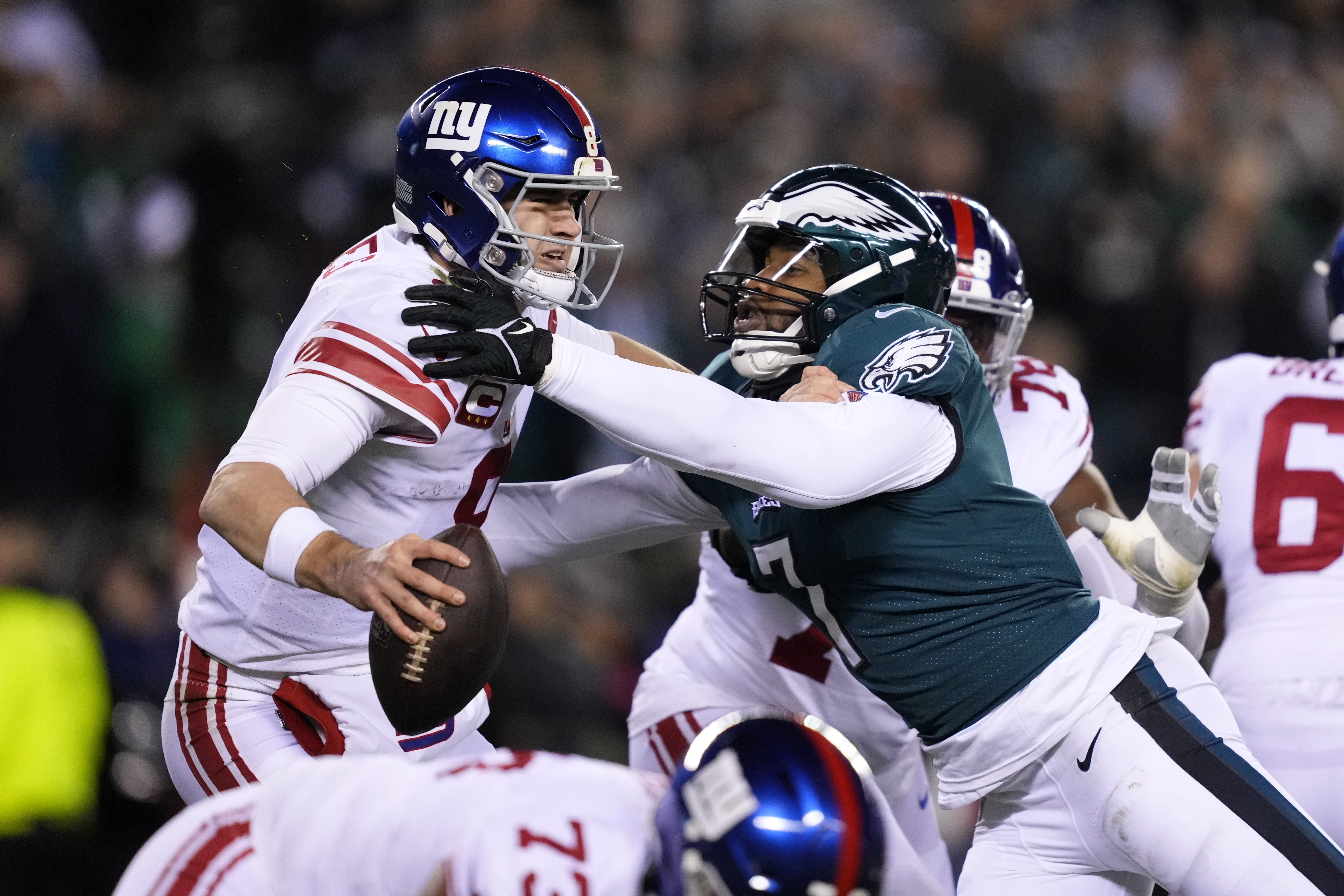 Philadelphia Eagles safety C.J. Gardner-Johnson reacts after a play against  the New York Giants during the first half of an NFL divisional round playoff  football game, Saturday, Jan. 21, 2023, in Philadelphia. (