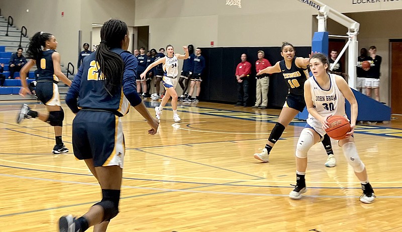 Graham Thomas/Herald-Leader
John Brown guard Natalie Smith looks to make a play against Texas Wesleyan on Jan. 21 inside Bill George Arena. The Golden Eagles handed the No. 17 Rams their first Sooner Athletic Conference loss 83-70 and ended Texas Wesleyan's 17-game winning streak.