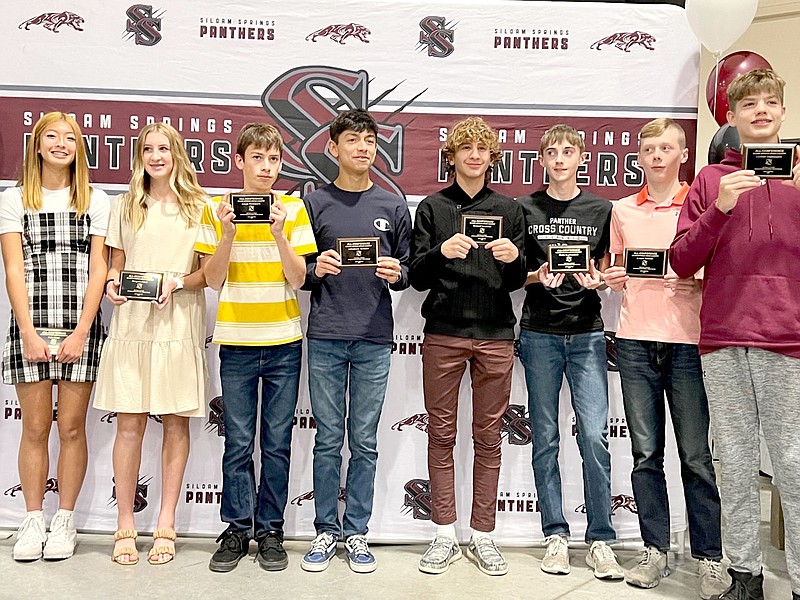 Submitted photo
The following Siloam Springs junior high cross country runners earned All-Conference 5A-West honors: (from left) Hope Nam, Morgan Jones, Gaige Thompson, Sebastian Romero, Bennett Naustvik, Blake Kuykendall, Cooper Bunker and Corbett Stephenson. Not pictured are Amelie Seauve, Saylor Timboe, Amelia Thomas and Boone Eldridge.