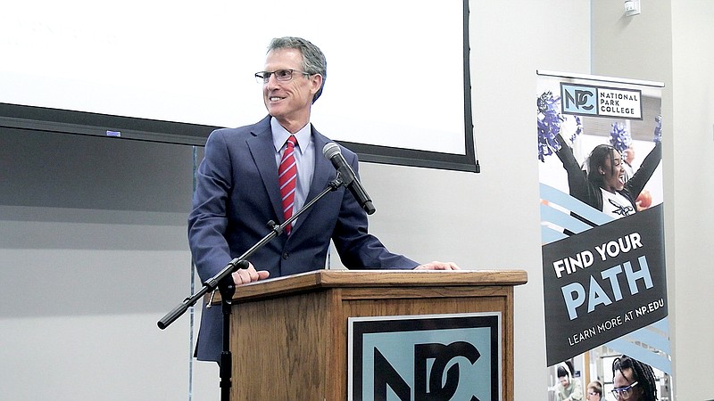 National Park College President John Hogan talks about the school's new partnership with the University of Arkansas at Monticello to offer a four-year bachelor's degree in business administration on Tuesday at the NPC Student Commons. - Photo by Lance Porter of The Sentinel-Record