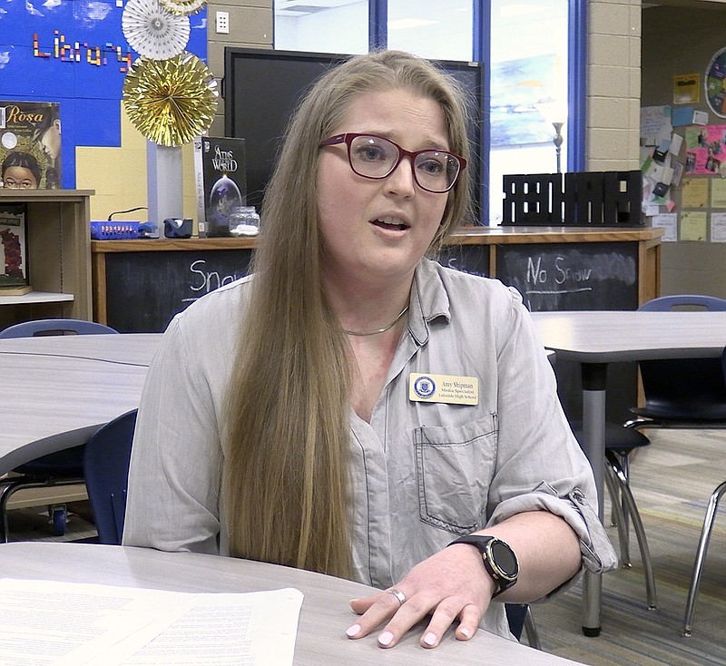 Lakeside High School Library Media Specialist Amy Shipman talks about how Senate Bill 81, which was referred to the state Senate Judiciary Committee Monday, could affect students across the state. - Photo by Donald Cross of The Sentinel-Record