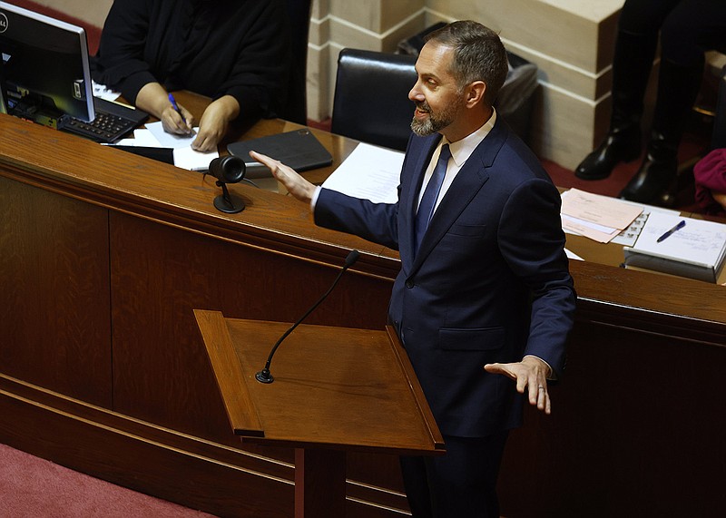Sen. Greg Leding, D-Fayetteville, speaks against SB43, a big that would classify drag performances as adult-oriented businesses, during the Senate session on Tuesday, Jan. 24, 2023, at the state Capitol in Little Rock. 
(Arkansas Democrat-Gazette/Thomas Metthe)