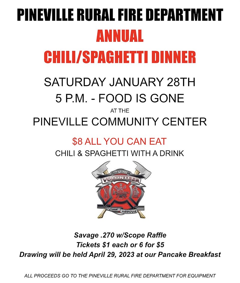 Submitted photo The Pineville Fire Department will host its chili and spaghetti fundraiser for the sixth year. Proceeds from the fundraiser will go toward equipment needs and upcoming department training.