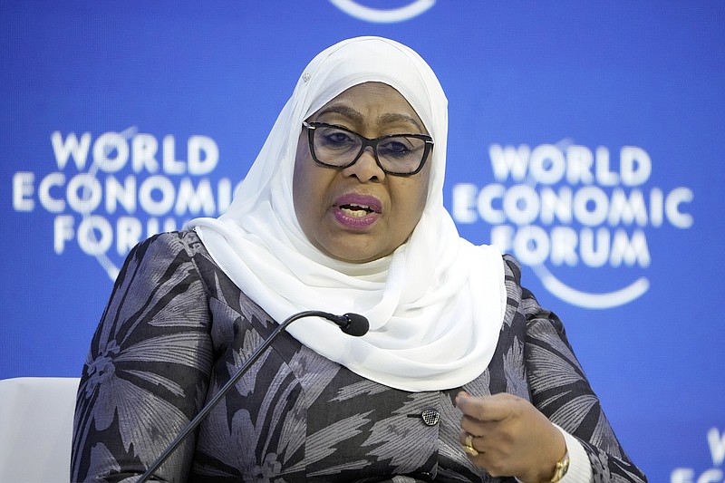 The President of Tanzania Samia Suluhu Hassan speaks at the World Economic Forum in Davos, Switzerland Thursday, Jan. 19, 2023. The annual meeting of the World Economic Forum is taking place in Davos from Jan. 16 until Jan. 20, 2023. (AP Photo/Markus Schreiber)