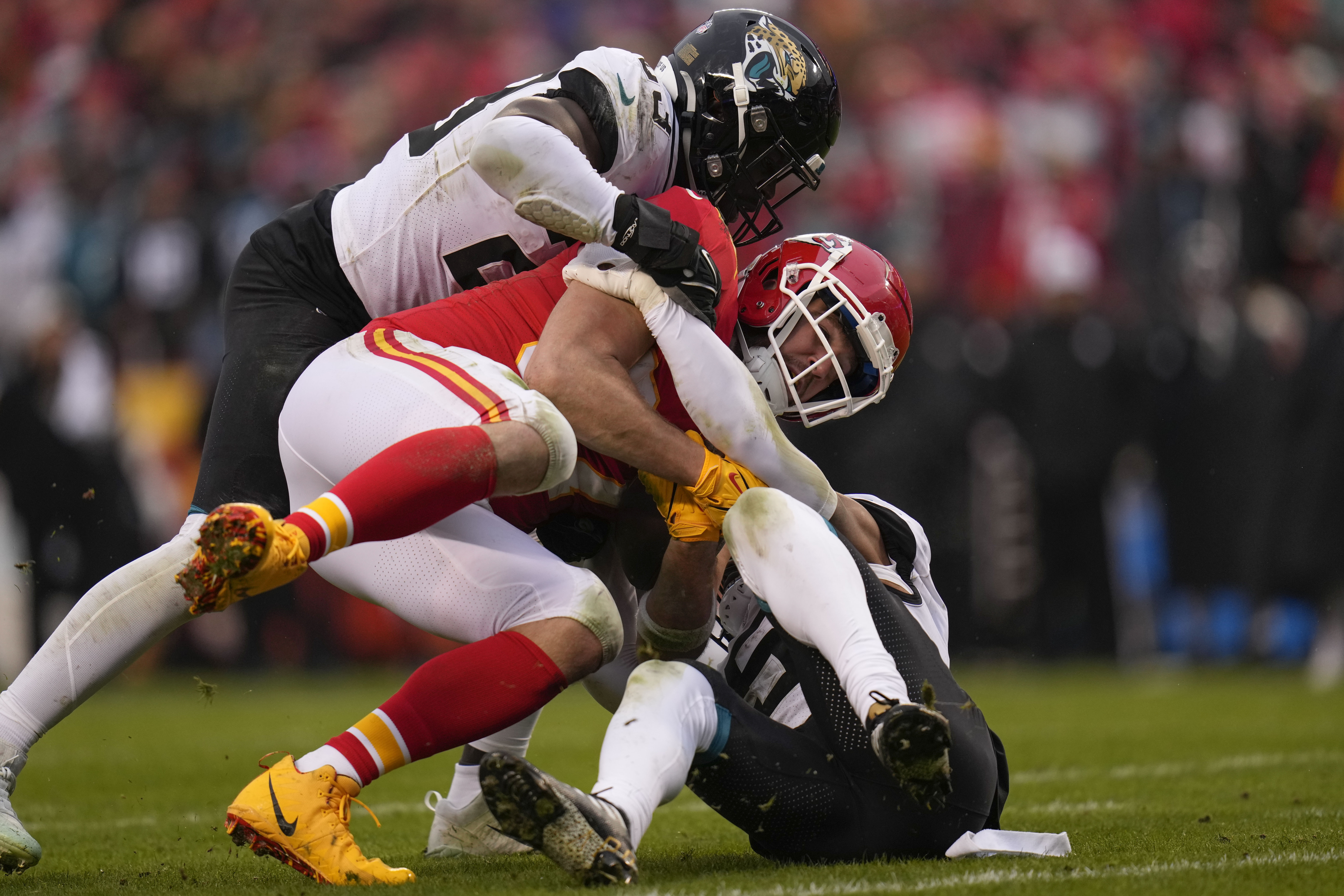 Kansas City Chiefs running back Isiah Pacheco celebrates with fans after a  win against the Jacksonville Jaguars during an NFL Divisional Playoff  football game Saturday, Jan. 21, 2023, in Kansas City, Mo. (