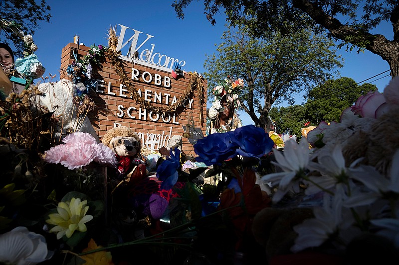 A memorial honoring the nineteen students and two teachers who were killed stands outside of Robb Elementary School on Thursday, Aug. 11, 2022, in Uvalde, Texas. (Juan Figueroa/Dallas Morning News/TNS)