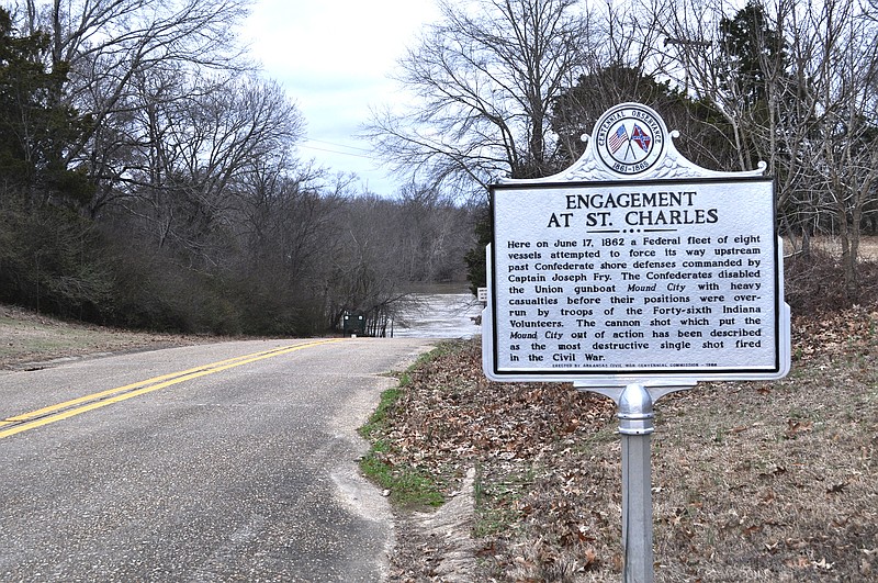 Erected in 1964 by the Arkansas Civil War Centennial Commission, this roadside marker is near the White River at Belnap Avenue and NCC Camp Road in St. Charles.
 (Special to the Democrat-Gazette/Sonny Rhodes)