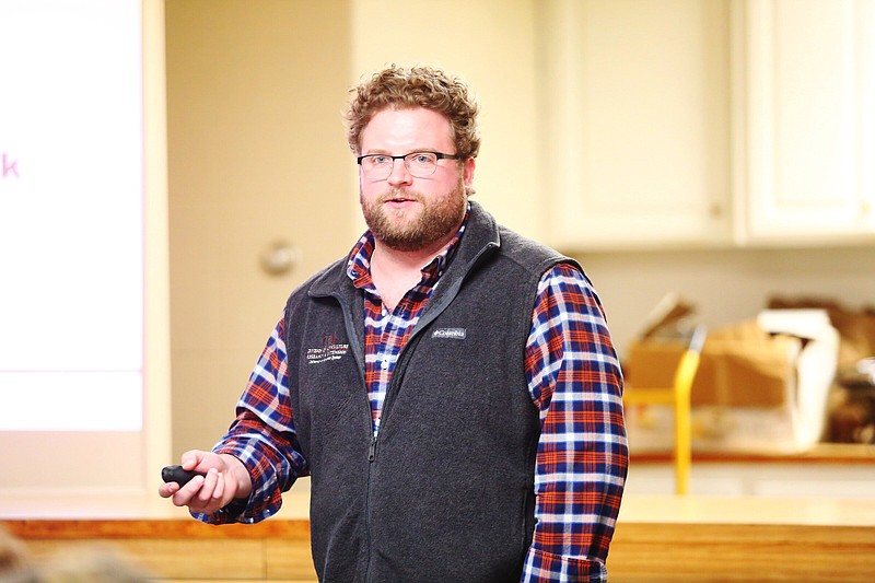 James Mitchell, extension livestock economist for the University of Arkansas System Division of Agriculture, discusses the cattle market outlook at a livestock and forage production meeting at Friendship in Hot Spring County. Mitchell said Arkansas cattle prices have not been as high as they are now since 2015. (Special to The Commercial/University of Arkansas System Division of Agriculture)