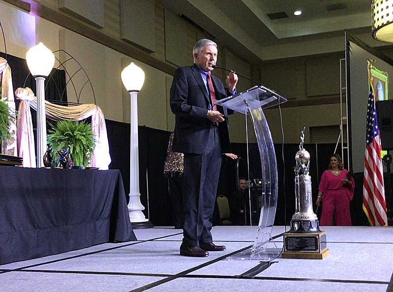 Fred Markham gives his acceptance speech after being named the Clyde E. Palmer Award winner during the Texarkana USA Chamber of Commerce annual banquet Friday, Jan. 27, 2023, at Texarkana Convention Center on Cowhorn Creek Drive. (Staff photo by Sharda James)